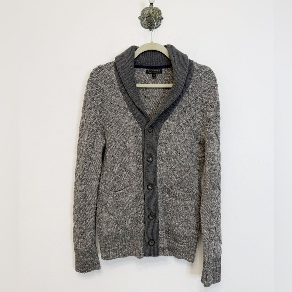 Banana Republic Gray Marled Chunky Cable Knit Cardigan Sweater Men's Small